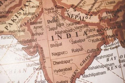 Closeup shot of India on the world map - great for geographical articles Stock Photos