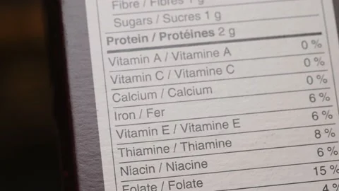 Closeup Shot of Many Nutrition Information Facts on Boxes Slider Shot Stock Footage 141468839