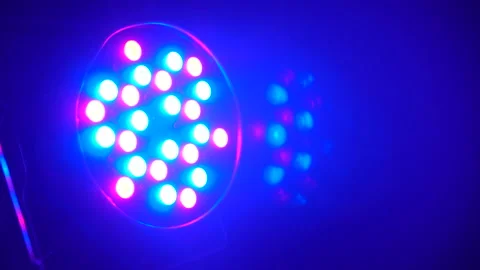 Closeup shot of multicolor projector spot lights on stage. Footage. Shot of Stock-Footage 151226397