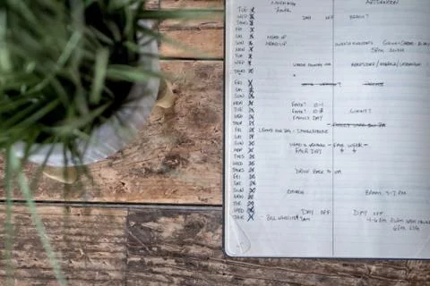 Closeup shot of an opened textbook with different dates and plans written in  Fotos de archivo