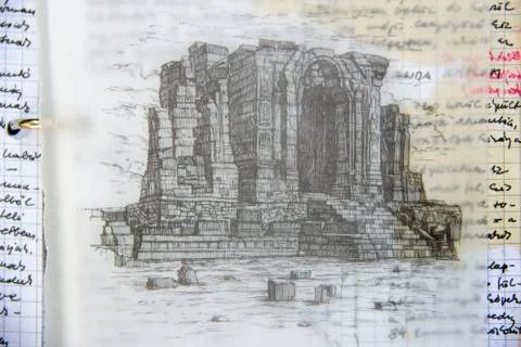 Closeup shot of a page in a diary with notes and a drawing of a building Foto stock