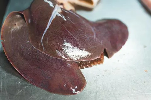 Closeup shot of pig lungs on the table, slaughterhouse, cutting pork Stock Photos