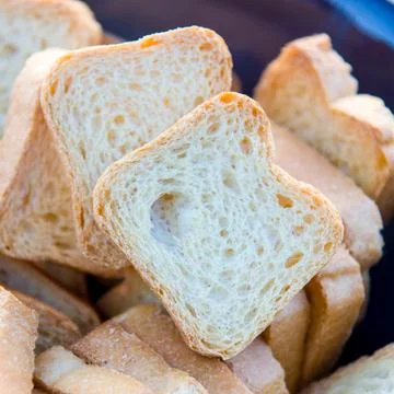 Closeup shot of a pile of rectangular mini toasts prepared for breakt Stock Photos
