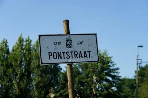 Closeup shot of a Pontstraat sign in Sint-Martens-Latem, Belgium Stock Photos