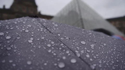 Closeup shot of a rain drops on black umbrella in the waiting queue to entrance Stock Footage 120986291