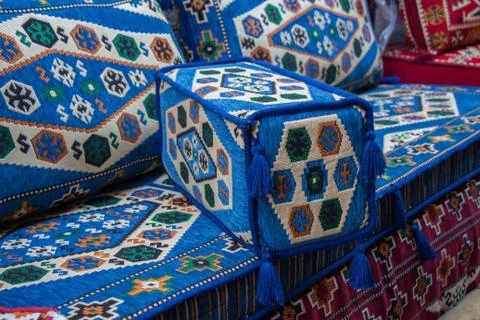 Closeup shot of a rectangular pillow on a sofa with patterned texture Stock Photos