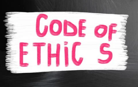 A closeup shot of a red text "Code of Ethics" on a white background on a blac Stock Photos