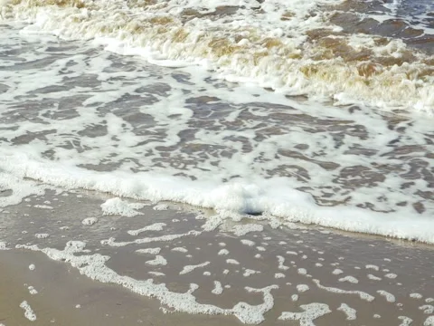 Closeup shot of restless sea waves force foam on coast Stock Footage 80777709