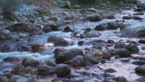 Closeup shot of river Parvati flowing in between mountains at Kasol  Stock-Footage 232660631