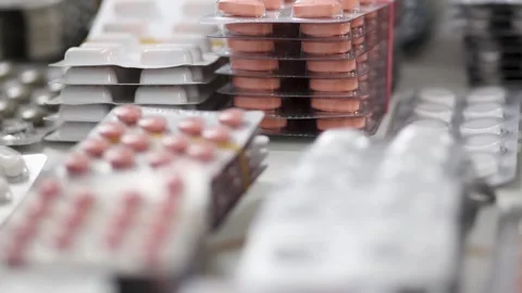 Closeup shot shifting in and out of focus of many colourful pills in blisters Stock Footage 288107060