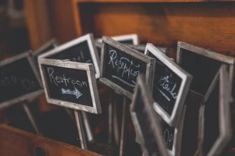 Closeup shot of small blackboards inside of a box Stock Photos
