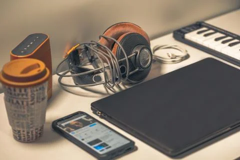 Closeup shot of a small compact and portable home studio for music production Stock Photos