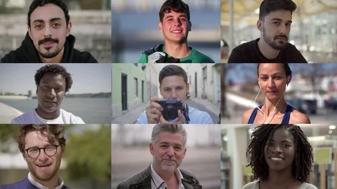 Closeup shot of smiling citizens posing on street Stock Footage 118228298