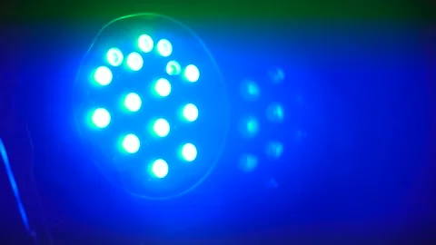 Closeup shot of static multicolor projector spot lights on stage. Footage. Shot Stockbeeldmateriaal 146400668