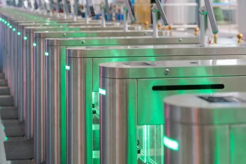 Closeup shot of turnstiles with scan function Stock Photos