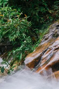 Closeup shot. Waterfall stream down, flowing in the tropical rainforest and w Foto stock