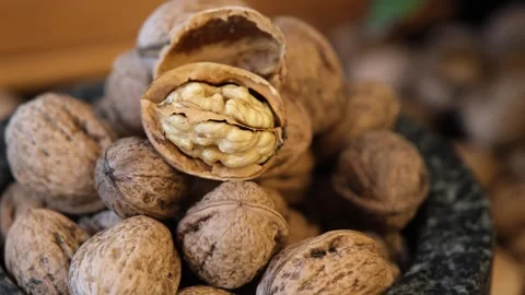 Closeup shots of half open walnut seeds that shape like a brain of human Video stock 293764508