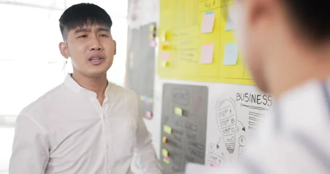 Closeup of side view of Asian colleagues explaining and looking to board  Stock Footage 201906527