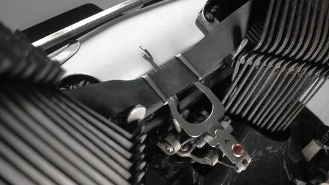 Closeup side view on batwing typewriter. Typing "typewriter". Stock Footage 89315447