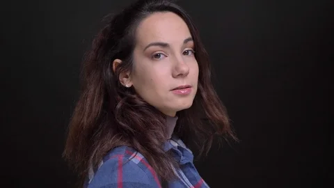 Closeup side view portrait of young beautiful feminine caucasian female looking Video stock 103214919