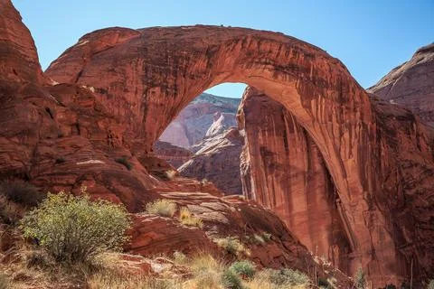 Closeup Side View of Rainbow Bridge, Rainbow Bridge National Monument, Lake Stock Photos
