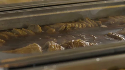 Closeup side view of steaming roasting meat Stock Footage 130849349