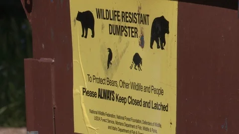 Closeup of Sign on Bear Proof Garbage Dumpster Stock Footage 111213959