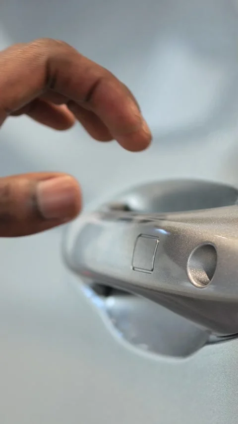 Closeup Silver Door Handle Black Hand Gripping, Opening Car Door, Buyer Stock Footage 335503760