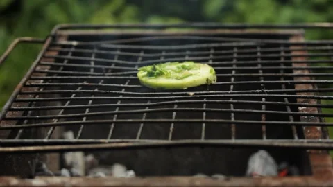 Closeup sliced vegetable marrow are being cooked on the bbq grill during the day Stock Footage 213996005
