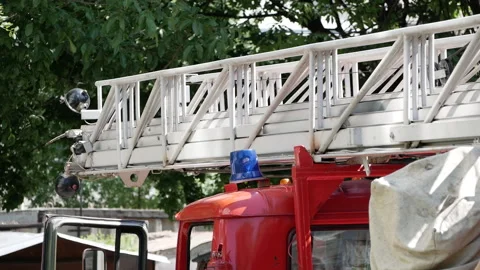 Closeup of sliding ladder fire engine rescue service. Russia, Stavropol, 1.05.20 Stock-Footage 145914612