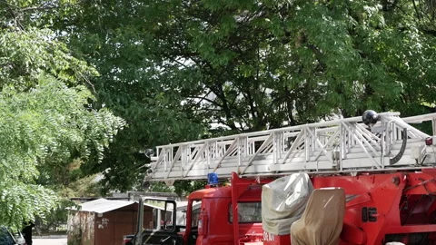 Closeup of sliding ladder fire engine rescue service. Russia, Stavropol, 1.05.20 Video stock 145914622