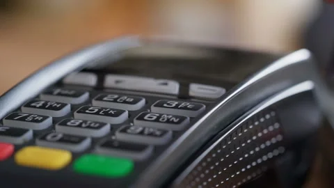 Closeup slow motion isolated concept shot of slow swiping casual pos card-reader Stock Footage 199491684