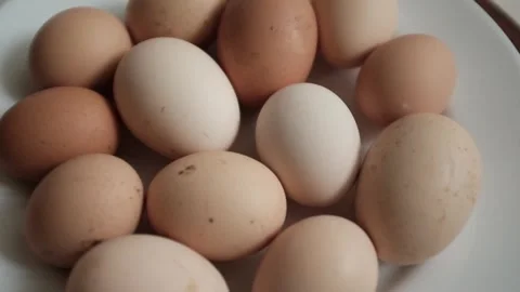 Closeup slow motion video of freshly collected farmers eggs rotating on a plate. Stock Footage 322514064