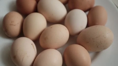 Closeup slow motion video of freshly collected farmers eggs rotating on a plate. Video stock 322514249