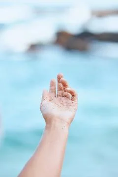 Closeup Small Grain of Sand in Open Woman Hand Stock Photos