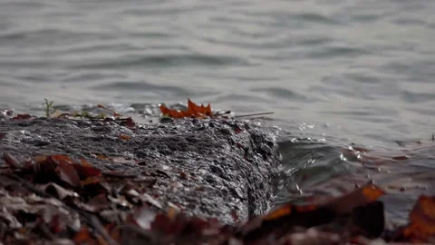 Closeup of small waves crushing on a stone Video stock 220773896