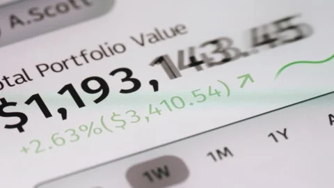 Closeup smartphone screen displaying financial trading app with portfolio growth Stock Footage 328374833