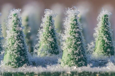 Closeup of snowflakes on tiny plastic pine trees Stock Photos