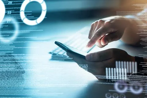 Closeup software developer hands working on phone, typing program code. Digital Stock Photos