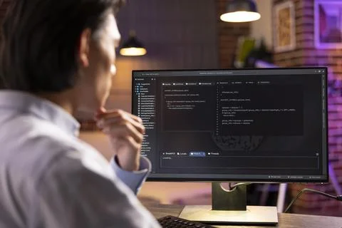 Closeup of software developer reviewing coding scripts on computer 写真素材