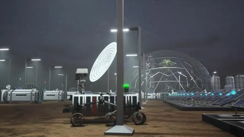 Closeup of space exploration vehicle on Mars parked next to solar panels at Stock Illustration
