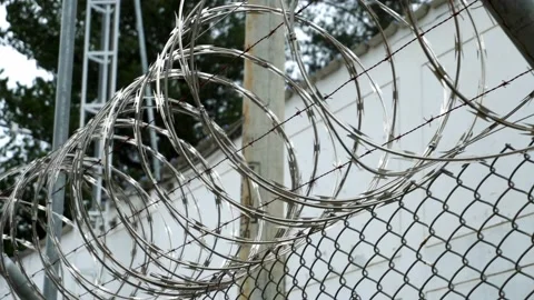 Closeup of a spiral of sharp security barbed wire on a perimeter fence Stock Footage 164563634