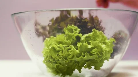 Closeup of spring fresh green salad leaves in a bowl. Process of prepar Video stock 310723397