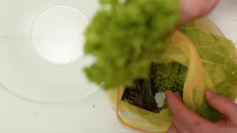 Closeup of spring fresh green salad leaves in a bowl. Process of prepar Video stock 310723514