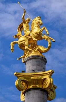 Closeup of St. George Statue or Freedom Monument at Freedom square in Tbili.. Stock Photos