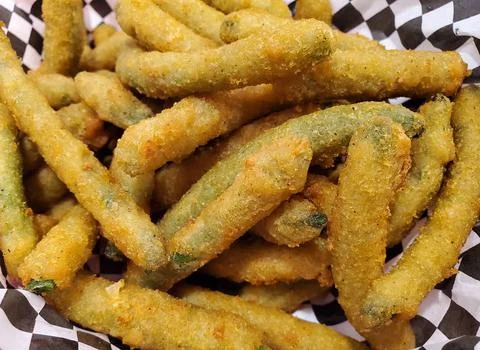 Closeup of a stack of fried green beans Stock Photos