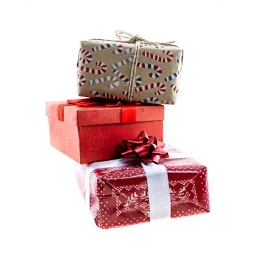 Closeup stack high gift present ribbon bow craft gift christmas isolated back Stock Photos
