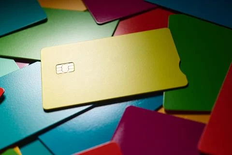 Closeup of a stack of multicolored microchip debit cards. Stock Photos