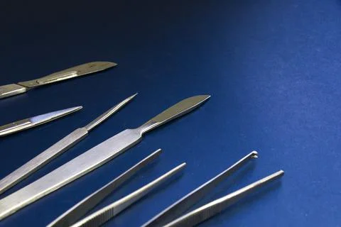 Closeup of a stainless dissection kit on a dark blue surface Photos
