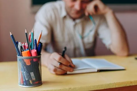 Closeup a stationery on the table. Blurring background. Back to school Stock Photos